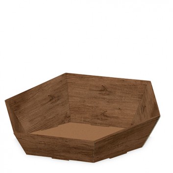  Präsentkorb 6-eckig, groß; Country: Holzoptik, dunkelbraun; 46,5 x 38 x 8,5/14,5 cm; Wellpappe glatt, Offsetdruck+Mattlack; 6-eckig 
