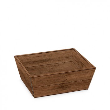  Präsentkorb 4-eckig, klein; Country: Holzoptik, dunkelbraun; Boden: 19x14x10 / oben: 24,5x19x10 cm; Wellpappe glatt, Offsetdruck+Mattlack 