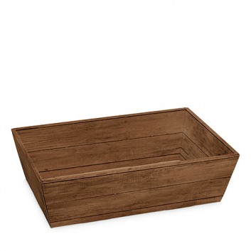  Präsentkorb r4-eckig, mittel; Country: Holzoptik, dunkelbraun; Boden: 33x19x11 / oben: 38x24,5x11 cm; Wellpappe glatt, Offsetdruck+Mattlack 