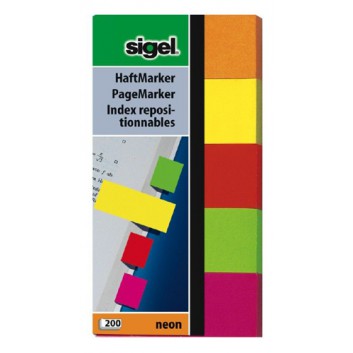 Sigel Haftmarker Neon; 20 x 50 mm; 5 Farben sortiert; Papier; Standard, ablösbar; 5 Blöcke á 40 Blatt 